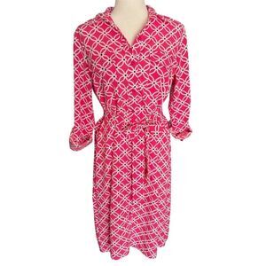 NY Collection Pink Geometric Print Belted Dress Size Medium